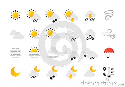 Weather line icons. Interface infographic elements with outline sun clouds rain fog wind symbols. Vector flat day and Vector Illustration