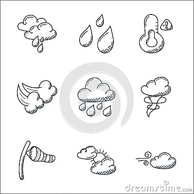 weather line icons. linear set. quality vector line set such as climate, weather, windsock, tornado, raining, clouds, thermometer Vector Illustration