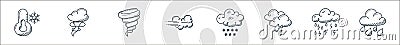 weather line icons. linear set. quality vector line set such as raining, raining, raining, snowfall, clouds, windstorm, tornado Vector Illustration