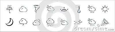 weather line icons. linear set. quality vector line set such as wind, wind, fog, moon, rain, tornado, sunrise, cloud Vector Illustration
