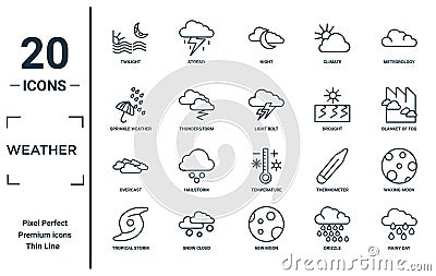 weather linear icon set. includes thin line twilight, sprinkle weather, overcast, tropical storm, rainy day, light bolt, waxing Vector Illustration