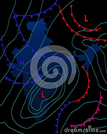 Weather map of the India. Meteorological forecast on a dark background. Editable vector illustration of a generic weather map Cartoon Illustration