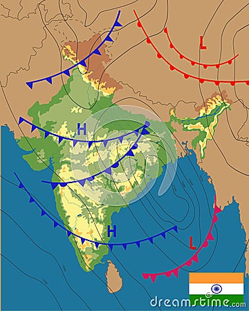 Weather map of the India. Meteorological forecast on physical map background. Editable vector illustration of a generic weather Cartoon Illustration
