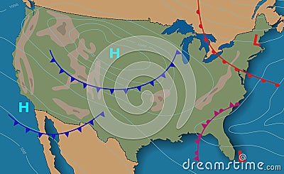 Weather map of the United States of America. Meteorological forecast. Editable vector illustration of a generic weather map Cartoon Illustration