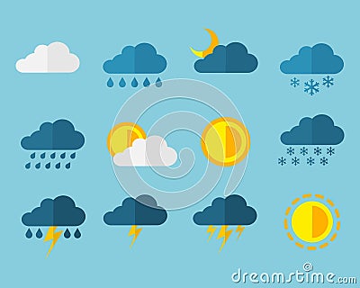 Weather Meteorology Flat Web Icon Sign Set - Sun, Rain, Snow, Cloud, Storm & Lightning Symbols Vector Illustration
