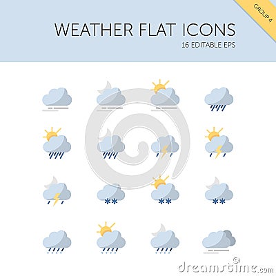 Weather and meteorology group. Clouds fog rain storm snow and sleet. Isolated icon set. Flat vector illustration Cartoon Illustration