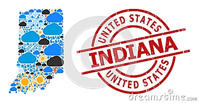 Weather Mosaic Map of Indiana State and Textured Stamp Vector Illustration