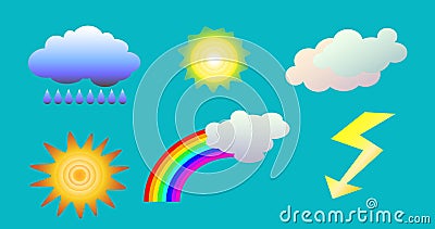 Weather objects clip art. illustration of clouds, sun, rainbow, rain and flash for weather forecast Cartoon Illustration