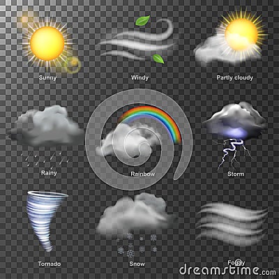 Weather realistic 3d icons vector. set Sun, cloud, rainbow, storm wind Vector Illustration