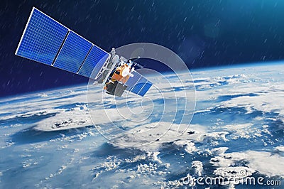 Weather satellite for observing powerful thunderstorms of storms and tornadoes in space orbiting the earth. Elements of this image Stock Photo