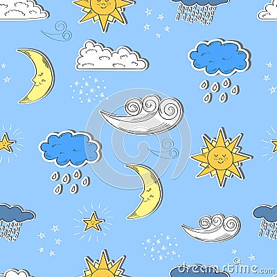 Weather seamless pattern. Cartoon sun, moon, star, clouds. Vector Illustration