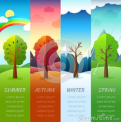 Weather seasons icons on nature ecology background. Vector flat design Vector Illustration