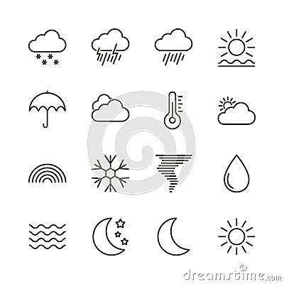 Weather set icon vector. Outline forecast collection. Trendy thin line style, web climate illustrat Vector Illustration