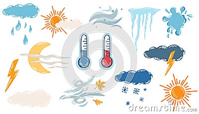 Weather Signs set. Weather forecast. Colorful weather, climate, forecast, stars Vector Illustration