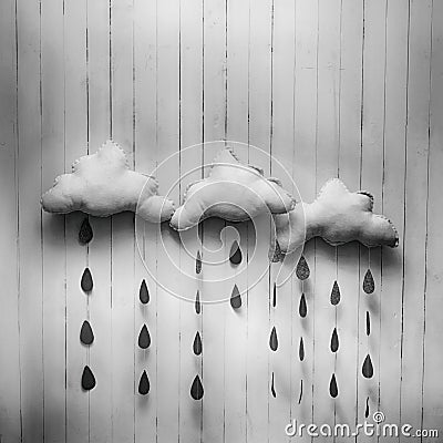 Weather symbols. Handmade room decoration clouds with rain drops Stock Photo