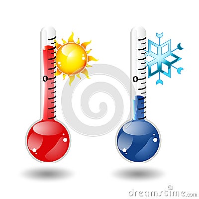 Weather thermometers with sun and snowflake Stock Photo