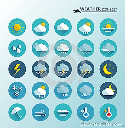 Weather web icons set. Cartoon colorfull art vector illustrations. Sticky symbols of forecast. Meteorological Vector Illustration