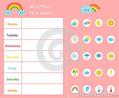 Weather this week template for kids. Weather chart. Vector Illustration