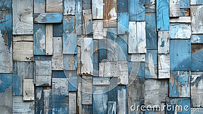 Weathered blue washed old wood background with abstract texture pieces. Ai Generated Stock Photo