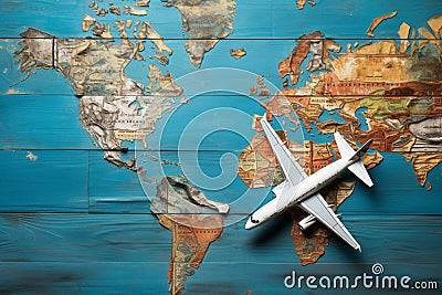 On a weathered blue wooden surface, a map pinpoints the plane's location Stock Photo