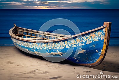 an weathered boat lying in front of a dark blue sea on the strand Cartoon Illustration