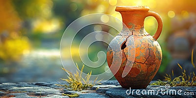 Weathered cracked pitcher on stone against autumn park. Jug adorned with scars of seasons as testament to endurance Stock Photo