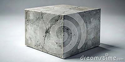 A weathered cubic concrete block with visible cracks and pitting rests on a plain surface. Generative AI Stock Photo