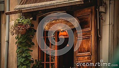 Weathered doorway, rustic plank, antique decor, empty building exterior generated by AI Stock Photo