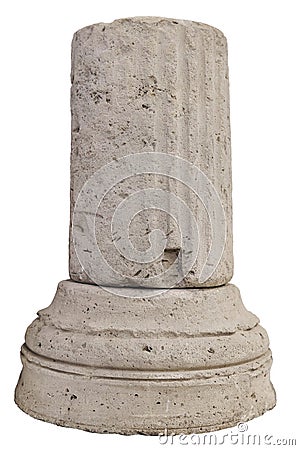 Weathered fragment of the base of an ancient greek stone column isolated on white background Stock Photo