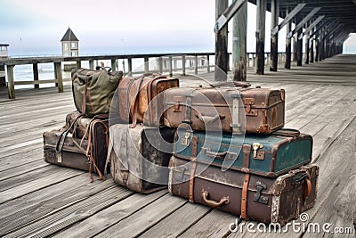 weathered luggage set by an oceanside pier Stock Photo