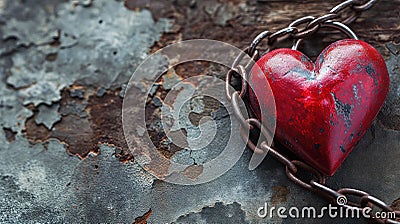 Weathered metallic red heart chained on rustic metal background, Valentine's Day Theme, AI Generative illustration Cartoon Illustration