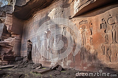 weathered petroglyphs on a cliff face Stock Photo