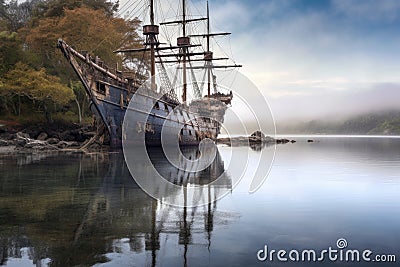 weathered pirate ship anchored in a serene bay Stock Photo