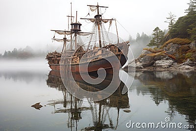 weathered pirate ship anchored in a serene bay Stock Photo