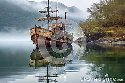 weathered pirate ship anchored in a serene bay Stock Photo