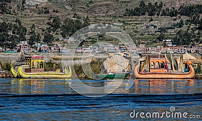 Weathered reed boats along the coast of Lake Titicaca in Puno, P Editorial Stock Photo