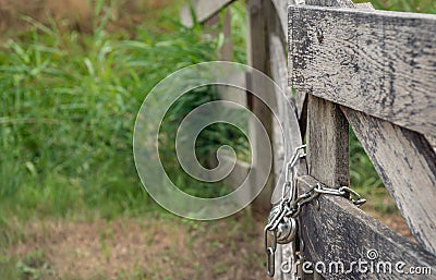 Weathered wooden gate closed with shiny chain and padlock. Stock Photo