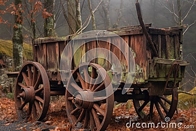 weathered wooden wagon with rusted wheels Stock Photo