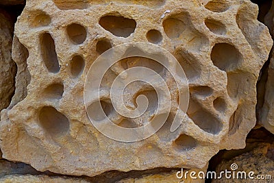 Weathering, erosion and destruction of limestone bricks of ancient structures on the island of Gozo, Malta Stock Photo