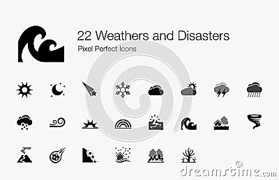 22 Weathers and Disasters Pixel Perfect Icons Vector Illustration