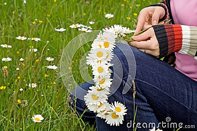 Weaving a daisy wreath Stock Photo