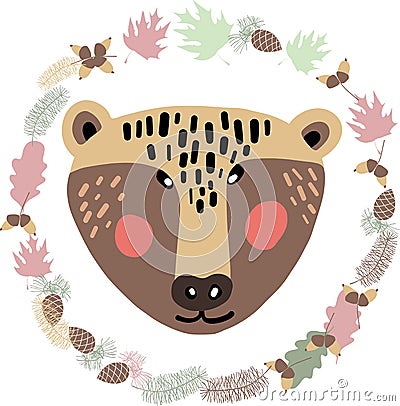 Cute, lovely, pretty and simple animal faces sketch, bear and autumn floral elements. Vector Illustration