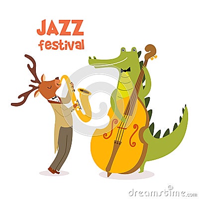 Stylish jazz poster with cute animal band in cartoon style.Vector illustration with animal musicians jazz festival. Vector Illustration