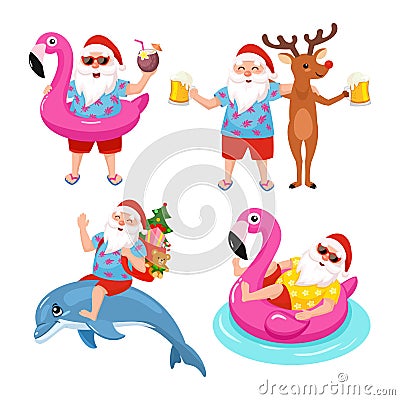 Funny collection of images with Santa, deer, dolphin and flamingo inflatable ring. Tropical Christmas. Vector illustration. Vector Illustration