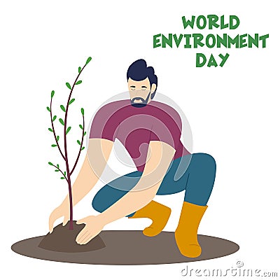 Man planting a tree. Vector illustration for world environment day. Cartoon Illustration