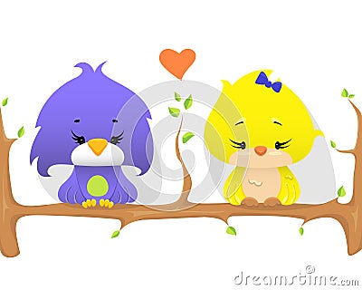 Cute birds on a branch with heart shape between, vector illustration. Vector Illustration
