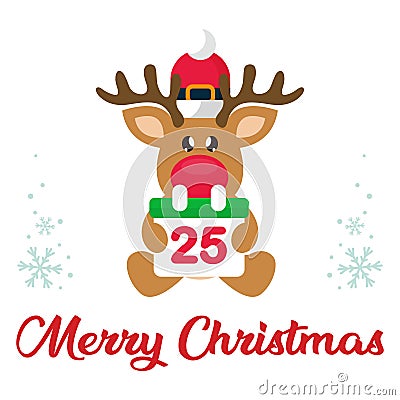 Cartoon winter christmas deer sitting with christmas calendar and christmas text Vector Illustration