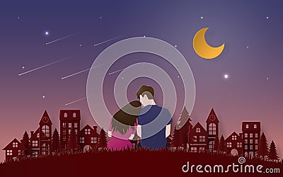 Origami Paper art of Romantic couple sitting on grass floor looking meteor from the sky in twilight time Stock Photo