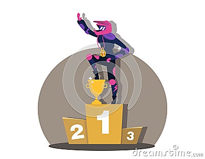 Motorcross racing winner on three level podium with a gold cup, medal. Vector Illustration