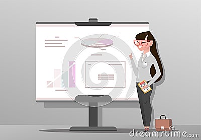 Young woman in business suit making presentation. Stock Photo